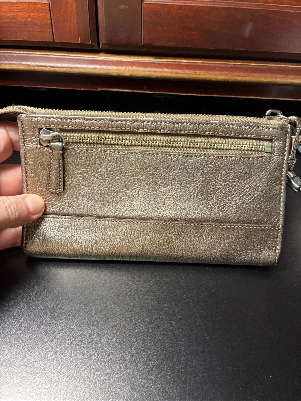Coach Metallic Taupe Leather Wristlet